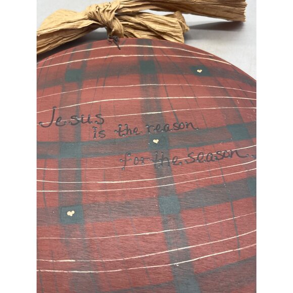 Christmas wood wall hanging bulb plaid Jesus heart signed round bow 12" READ - Picture 2 of 7
